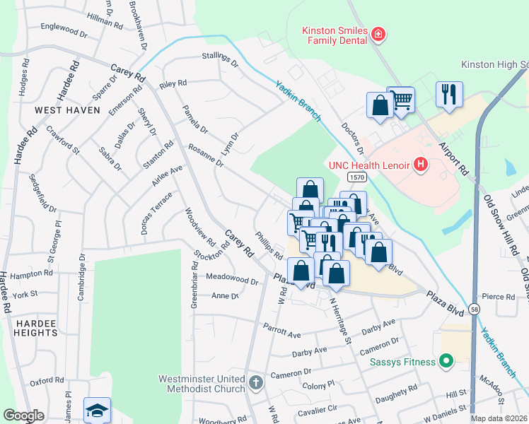 map of restaurants, bars, coffee shops, grocery stores, and more near 917 Phillips Road in Kinston