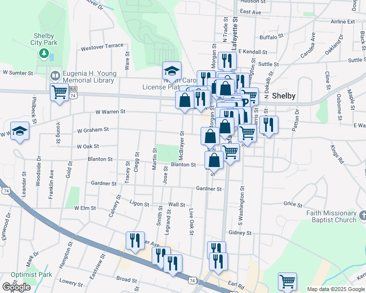 map of restaurants, bars, coffee shops, grocery stores, and more near 20 McBrayer Street in Shelby