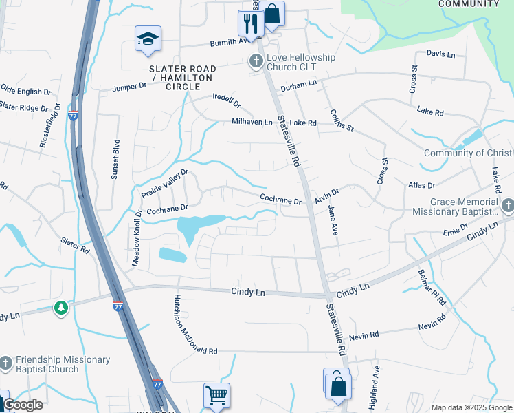map of restaurants, bars, coffee shops, grocery stores, and more near 3100 Cochrane Drive in Charlotte