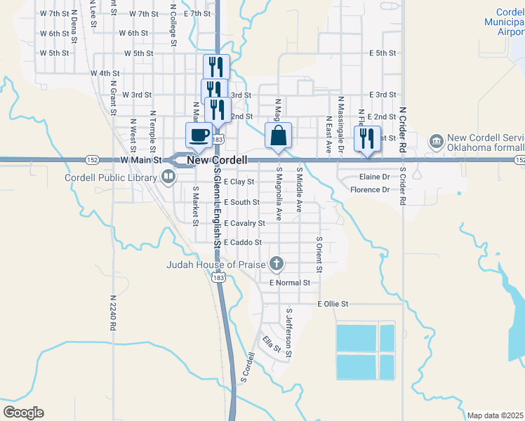 map of restaurants, bars, coffee shops, grocery stores, and more near 502 East South Street in New Cordell