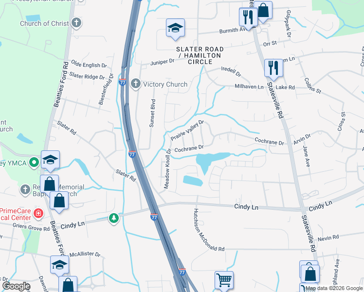 map of restaurants, bars, coffee shops, grocery stores, and more near 2113 Pawpaw Lane in Charlotte