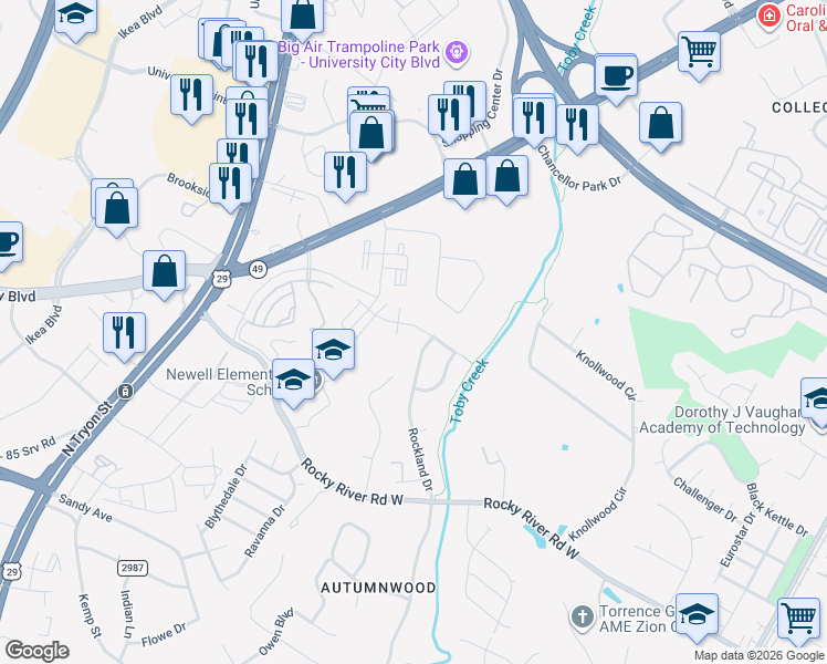 map of restaurants, bars, coffee shops, grocery stores, and more near 736 Brooke Nicole Place in Charlotte