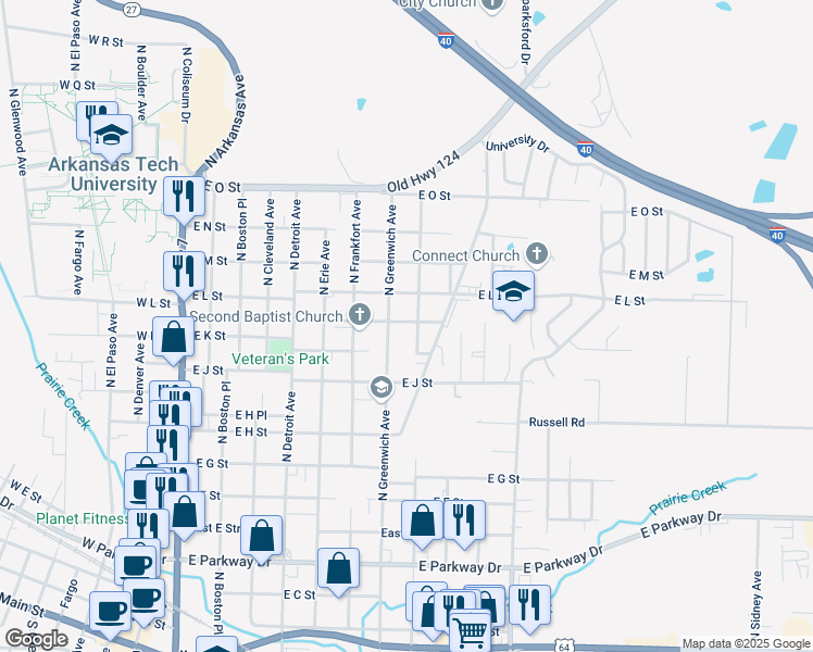 map of restaurants, bars, coffee shops, grocery stores, and more near 718 East K Place in Russellville