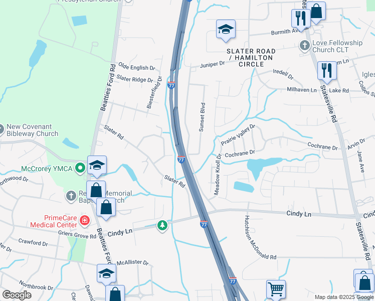 map of restaurants, bars, coffee shops, grocery stores, and more near 2000 Juniper Drive in Charlotte
