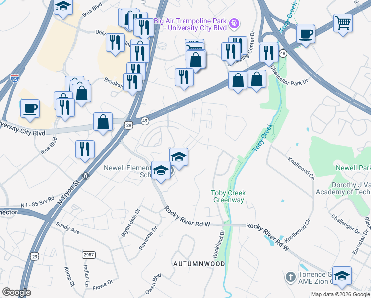map of restaurants, bars, coffee shops, grocery stores, and more near Collegeview Mhp Drive in Charlotte