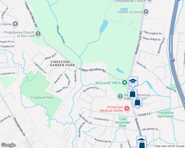 map of restaurants, bars, coffee shops, grocery stores, and more near 3816 Gold Nugget Court in Charlotte