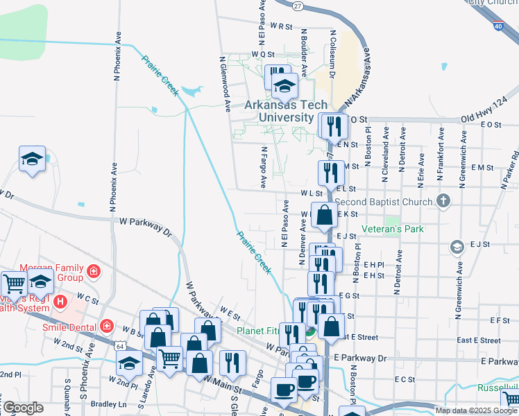 map of restaurants, bars, coffee shops, grocery stores, and more near 514 West K Street in Russellville