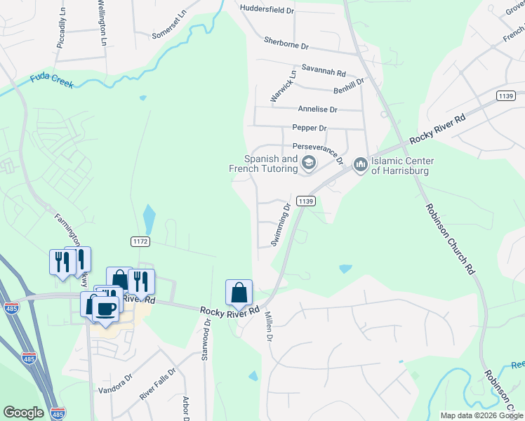 map of restaurants, bars, coffee shops, grocery stores, and more near 4893 Horseback Lane in Charlotte