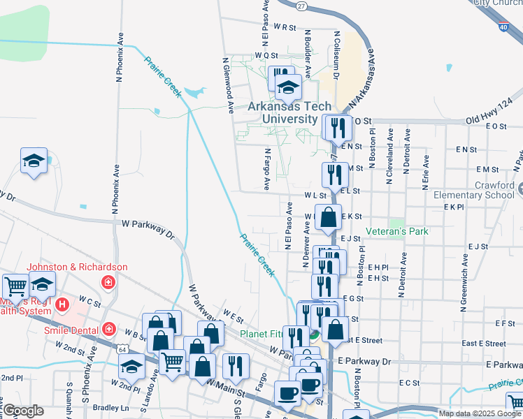 map of restaurants, bars, coffee shops, grocery stores, and more near 514 West K Street in Russellville