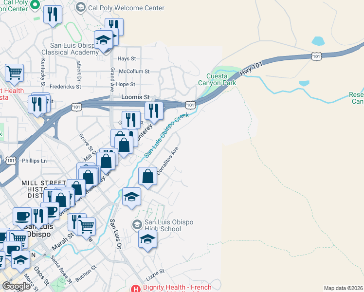 map of restaurants, bars, coffee shops, grocery stores, and more near 1961 Corralitos Avenue in San Luis Obispo