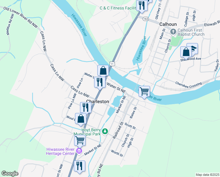 map of restaurants, bars, coffee shops, grocery stores, and more near 140 Water St NE in Charleston