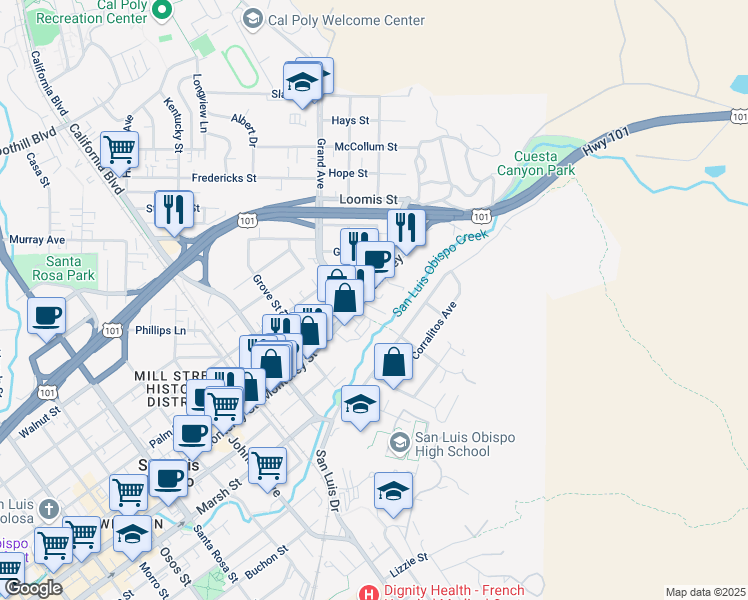 map of restaurants, bars, coffee shops, grocery stores, and more near 1845 Monterey Street in San Luis Obispo