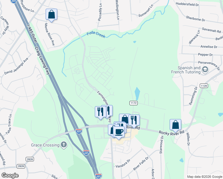 map of restaurants, bars, coffee shops, grocery stores, and more near 8800-9298 Stafford Road in Charlotte