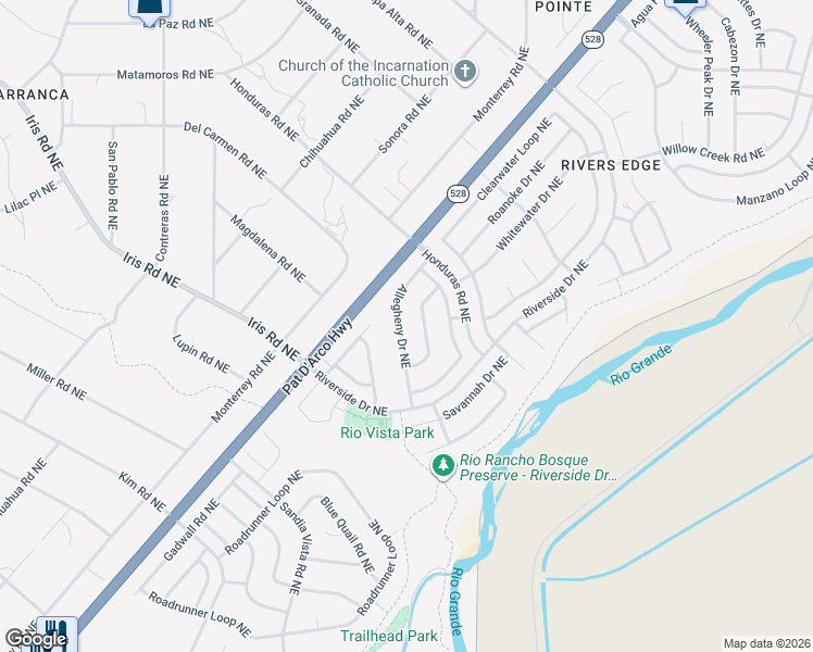 map of restaurants, bars, coffee shops, grocery stores, and more near 1744 Allegheny Drive Northeast in Rio Rancho