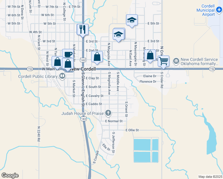 map of restaurants, bars, coffee shops, grocery stores, and more near 606 East South Street in New Cordell
