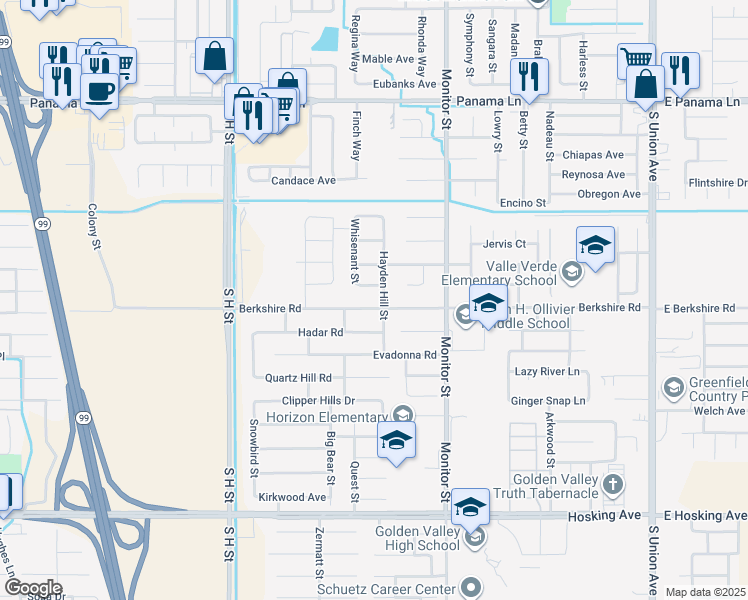 map of restaurants, bars, coffee shops, grocery stores, and more near 1204 Berkshire Road in Bakersfield
