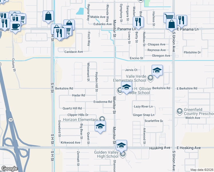 map of restaurants, bars, coffee shops, grocery stores, and more near 916 Berkshire Road in Bakersfield