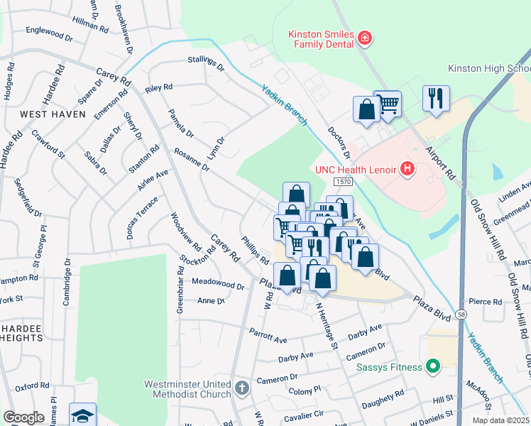 map of restaurants, bars, coffee shops, grocery stores, and more near 2212 Grady Street in Kinston
