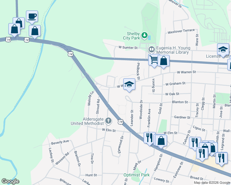 map of restaurants, bars, coffee shops, grocery stores, and more near 937 West Warren Street in Shelby