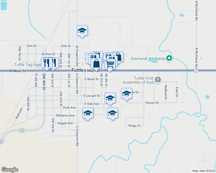 map of restaurants, bars, coffee shops, grocery stores, and more near 108 Southeast 4th Street in Tuttle