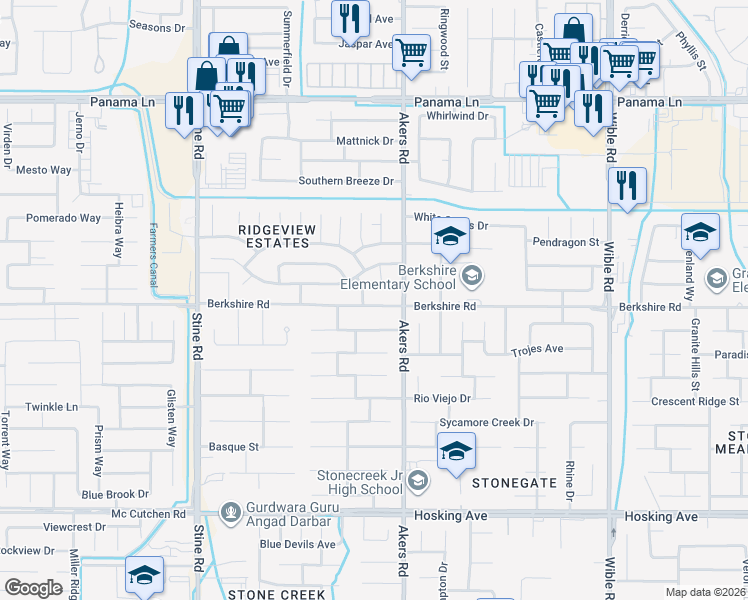 map of restaurants, bars, coffee shops, grocery stores, and more near 4202 Berkshire Road in Bakersfield