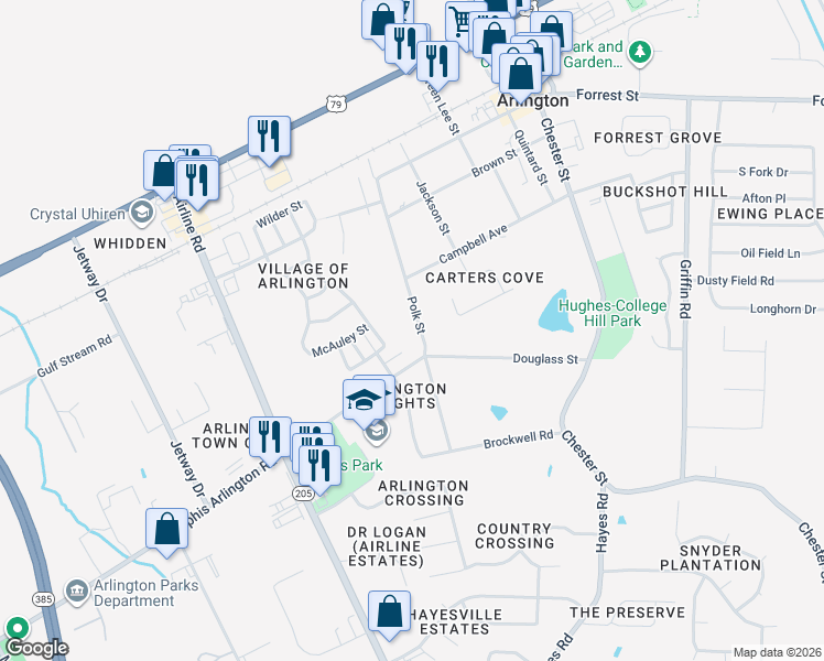 map of restaurants, bars, coffee shops, grocery stores, and more near 5969 Polk Street in Arlington