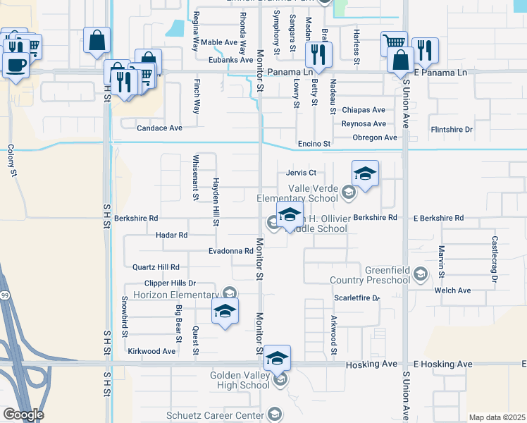 map of restaurants, bars, coffee shops, grocery stores, and more near 830 Berkshire Road in Bakersfield