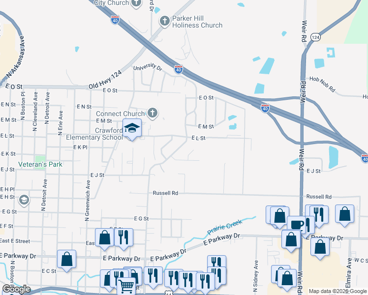 map of restaurants, bars, coffee shops, grocery stores, and more near 1118 University Drive in Russellville
