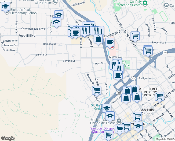 map of restaurants, bars, coffee shops, grocery stores, and more near 752 Mission St in San Luis Obispo