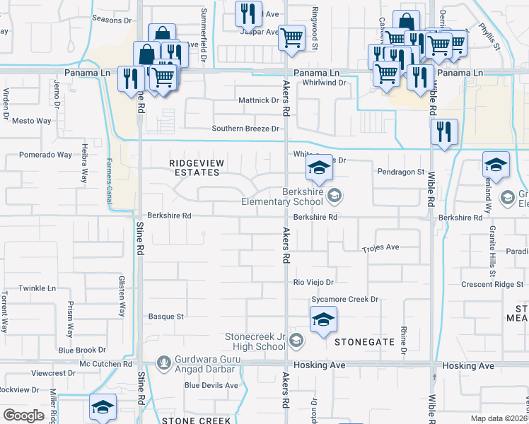 map of restaurants, bars, coffee shops, grocery stores, and more near 4202 Berkshire Road in Bakersfield
