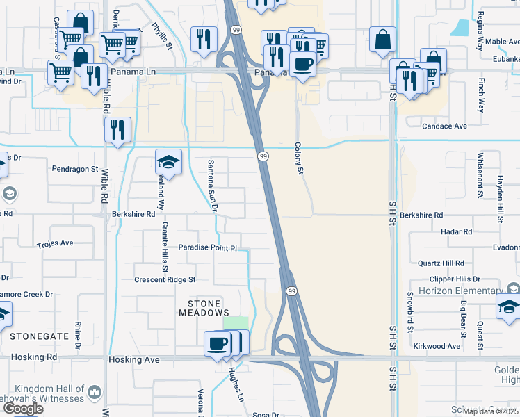 map of restaurants, bars, coffee shops, grocery stores, and more near 2407 Drifts Drive in Bakersfield