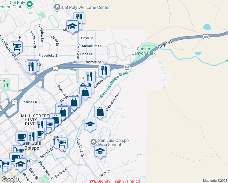 map of restaurants, bars, coffee shops, grocery stores, and more near 1933 San Luis Drive in San Luis Obispo