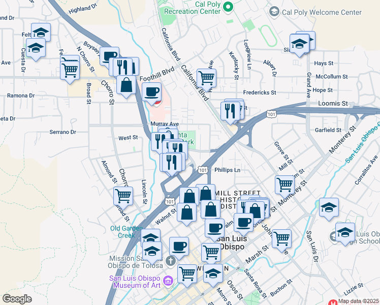map of restaurants, bars, coffee shops, grocery stores, and more near 368 Lemon Street in San Luis Obispo