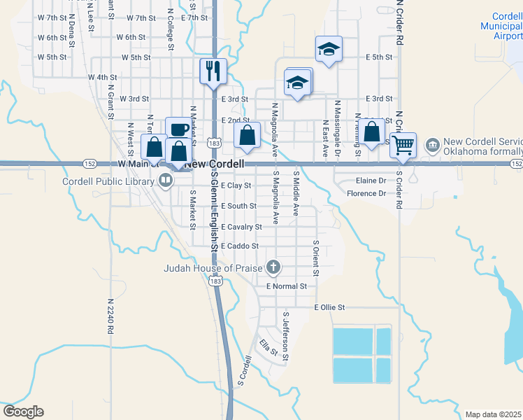 map of restaurants, bars, coffee shops, grocery stores, and more near 502 East South Street in New Cordell
