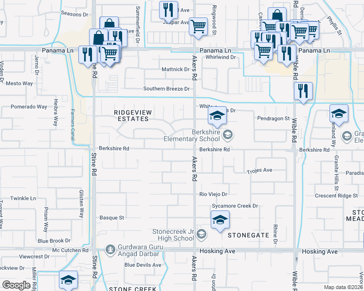 map of restaurants, bars, coffee shops, grocery stores, and more near 4202 Berkshire Road in Bakersfield