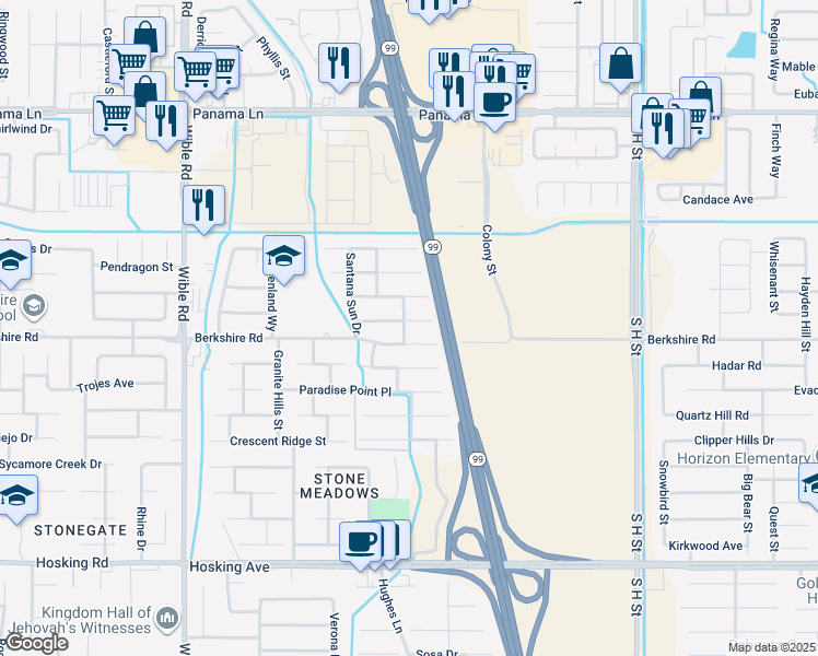 map of restaurants, bars, coffee shops, grocery stores, and more near 2407 Drifts Drive in Bakersfield