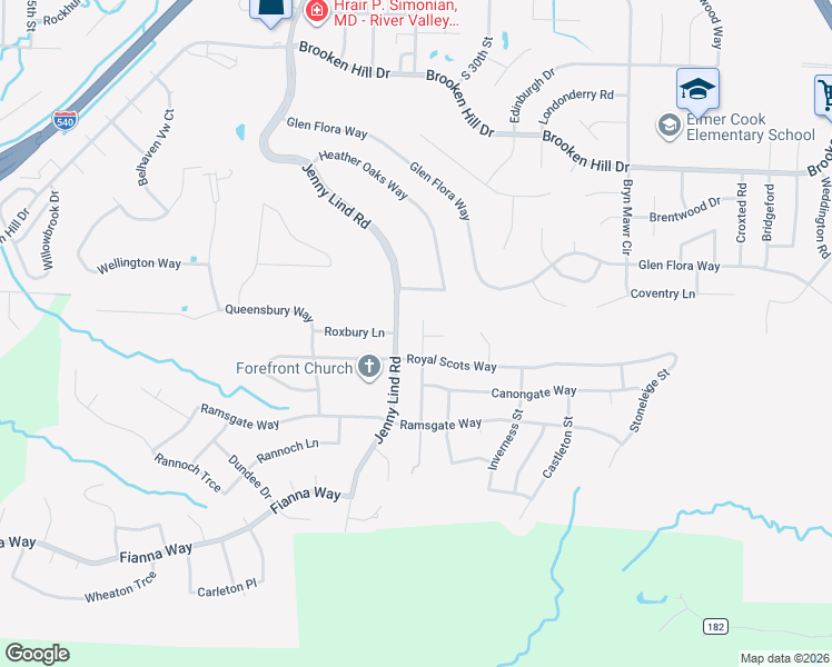 map of restaurants, bars, coffee shops, grocery stores, and more near 10200 7 Oaks Road in Fort Smith
