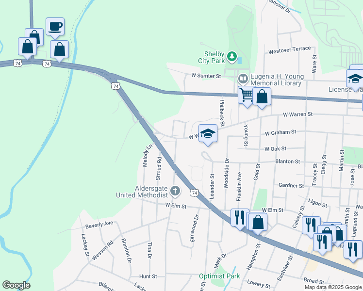 map of restaurants, bars, coffee shops, grocery stores, and more near 937 West Warren Street in Shelby