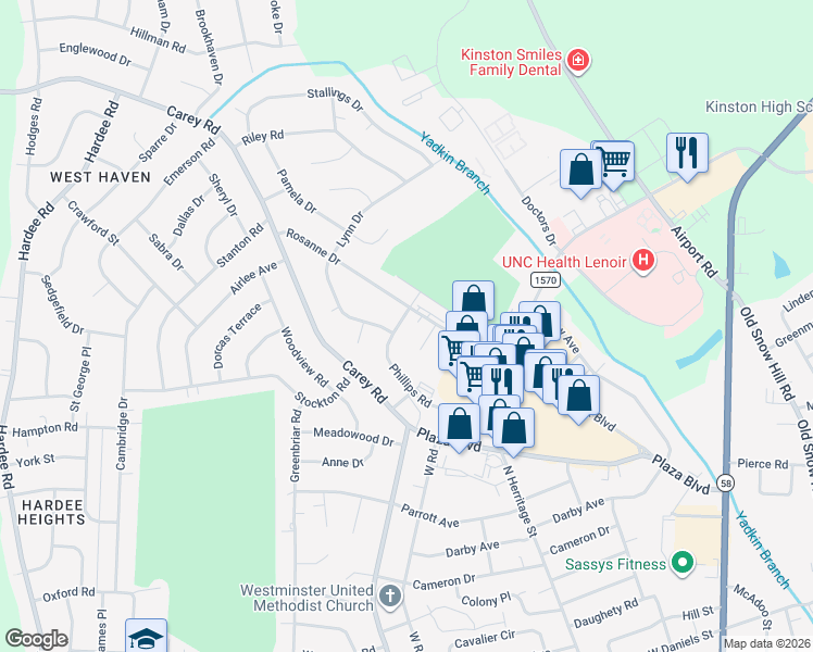 map of restaurants, bars, coffee shops, grocery stores, and more near 917 Phillips Road in Kinston