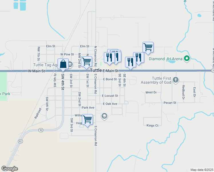 map of restaurants, bars, coffee shops, grocery stores, and more near 105 East Maple in Tuttle