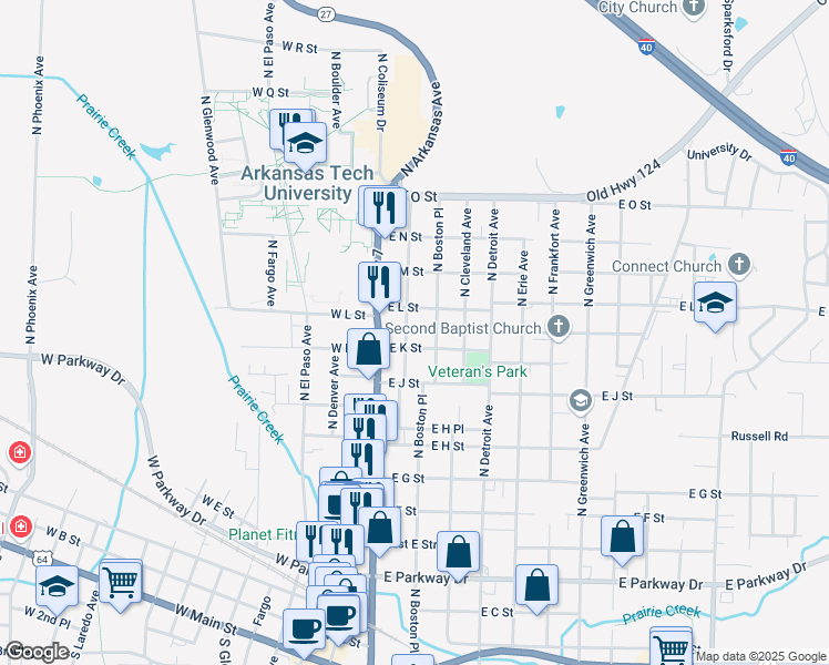 map of restaurants, bars, coffee shops, grocery stores, and more near 1112 N Boston Ave in Russellville