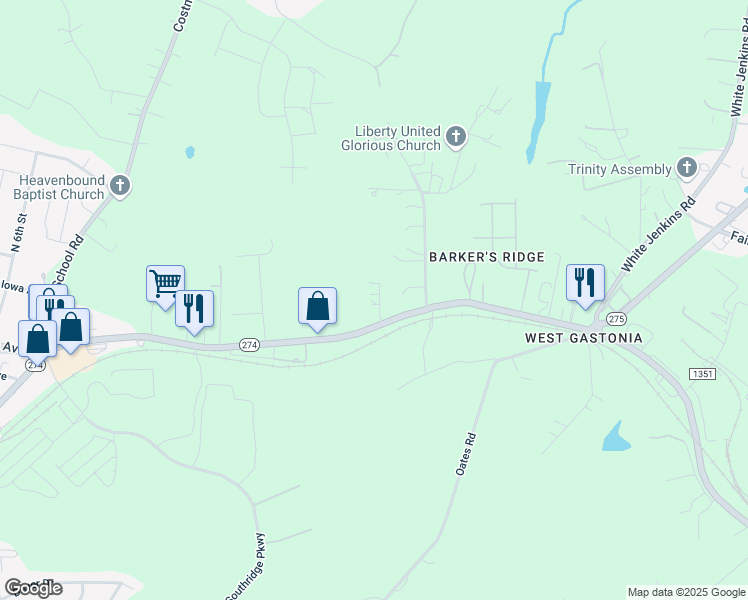 map of restaurants, bars, coffee shops, grocery stores, and more near 513 Hedrick Road in Bessemer City