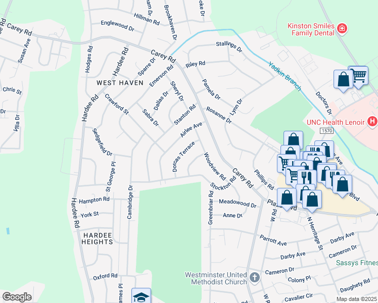 map of restaurants, bars, coffee shops, grocery stores, and more near 1206 Dorcas Terrace in Kinston