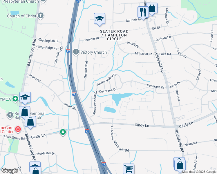 map of restaurants, bars, coffee shops, grocery stores, and more near 2113 Pawpaw Ln in Charlotte