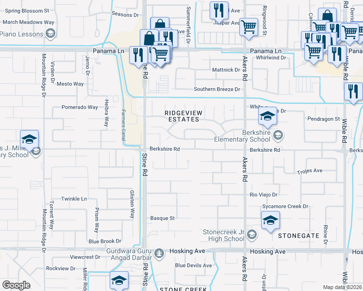 map of restaurants, bars, coffee shops, grocery stores, and more near 4600 Berkshire Road in Bakersfield