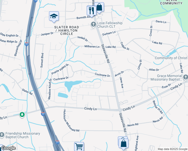 map of restaurants, bars, coffee shops, grocery stores, and more near 3100 Cochrane Drive in Charlotte