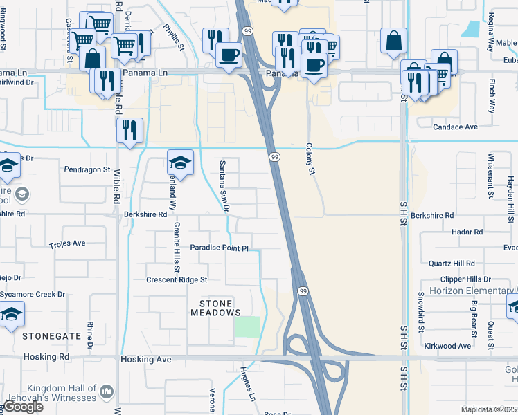 map of restaurants, bars, coffee shops, grocery stores, and more near 2407 Drifts Drive in Bakersfield