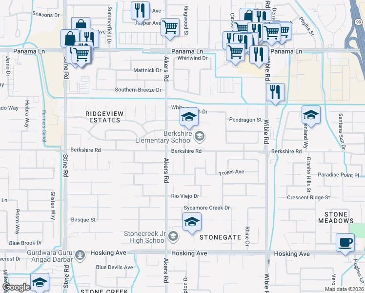 map of restaurants, bars, coffee shops, grocery stores, and more near 3900 Berkshire Road in Bakersfield