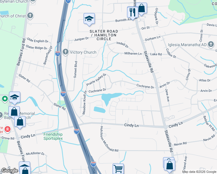 map of restaurants, bars, coffee shops, grocery stores, and more near 2707 Cochrane Drive in Charlotte