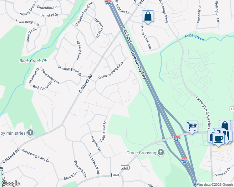 map of restaurants, bars, coffee shops, grocery stores, and more near 4734 Roya Place in Charlotte